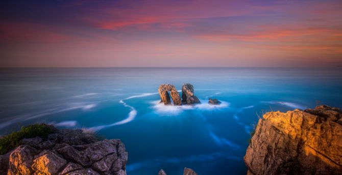 Desktop wallpaper coast, rocks, blue sea, skyline, sunset ...