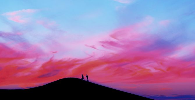 Couple, walking over mountain, sunset, silhouette wallpaper