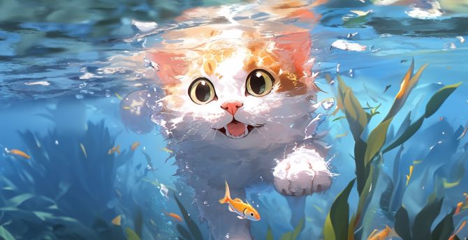 Cute kitten, swim underwater, art wallpaper