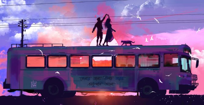 Dancing couple, pretty evening, romance on a bus, silhouette wallpaper