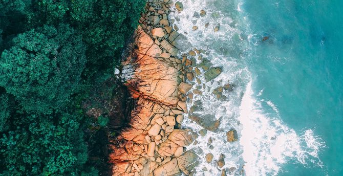 Rocks, seashore, coast, beach, aerial view wallpaper