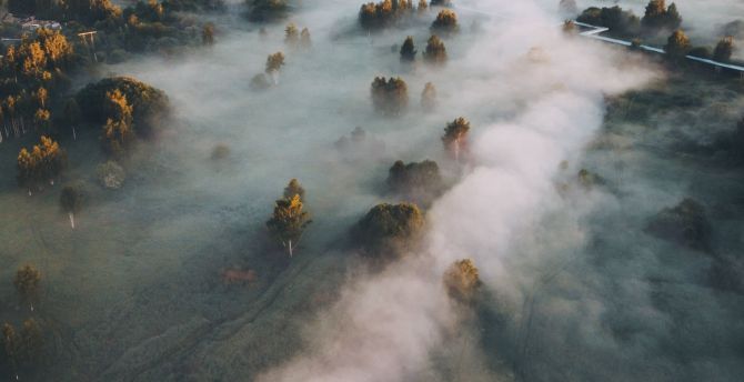 Nature, town, fog, aerial view wallpaper