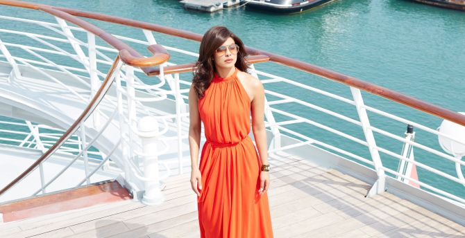 Actress, Priyanka Chopra, orange dress wallpaper