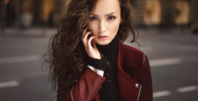 Red jacket, staring, girl model wallpaper
