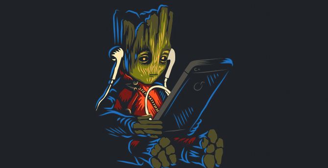 Baby Groot, Listening music on phone, fan art wallpaper