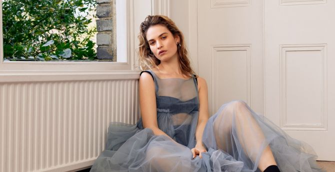 Lily James, sit, ligth blue dress, photoshoot, Allure, 2018 wallpaper