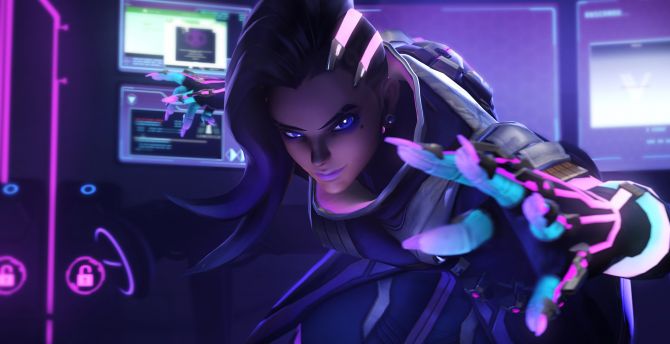 Sombra, overwatch, purple eyes, game wallpaper