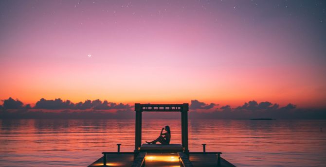 Pier, sunset, silhouette, sea wallpaper