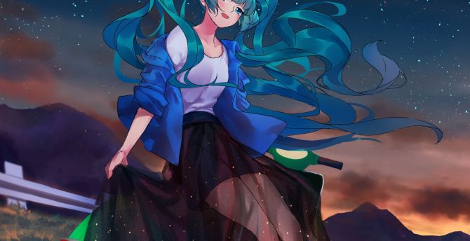 Cute, Hatsune Miku, night out, blue hair wallpaper