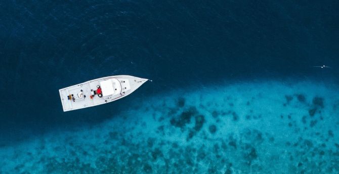 Drone shot, boat, blue sea, beach wallpaper
