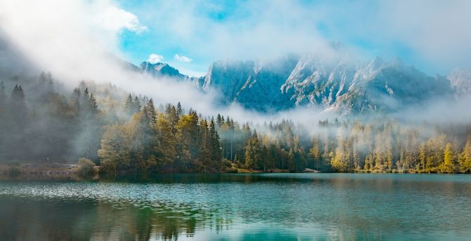 Wallpaper lake, mountains, mist, forest, nature desktop wallpaper, hd  image, picture, background, e635fc | wallpapersmug