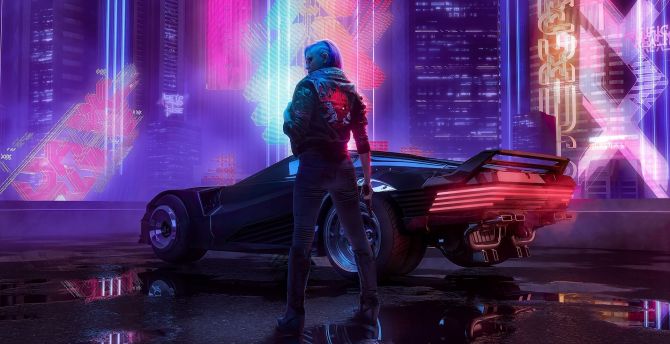 Cyberpunk 2077, a girl with car, art wallpaper