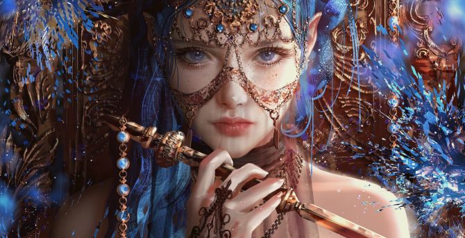 Woman in jewelry, fantasy, blue hair, art wallpaper