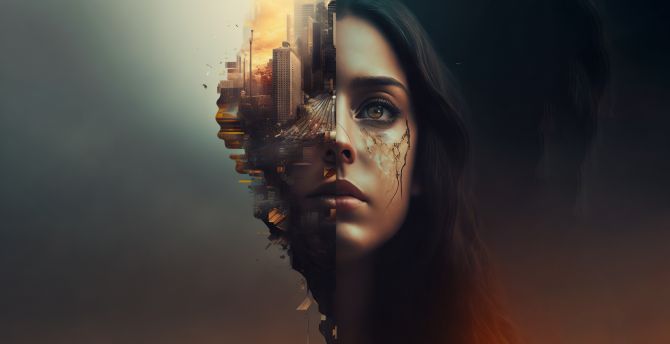 Woman and city, face-off, art wallpaper