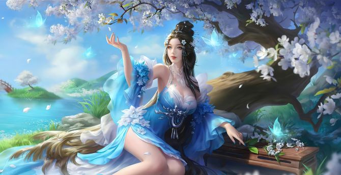 Blue dress and pretty queen, LOL game art wallpaper