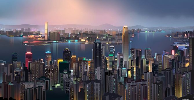 Hong kong, buildings, city, digital art wallpaper