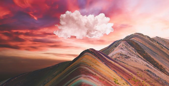 Clouds over vinicunca rainbow mountain, nature, sunset wallpaper