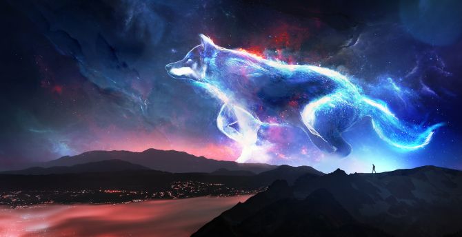 Desktop Wallpaper Wolf Mountains Fantasy Sky Art Hd Image Picture Background E978ca