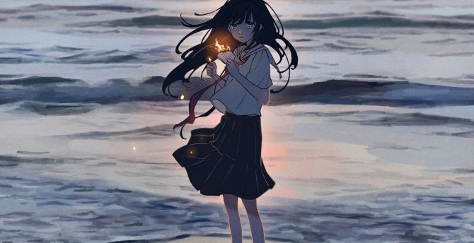 Sunset, cute anime girl, original, 2021 wallpaper