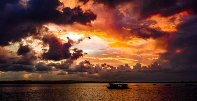 Sea, sunset, boat, clouds, nature wallpaper