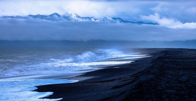 Black beach, clouds, sea waves, nature wallpaper