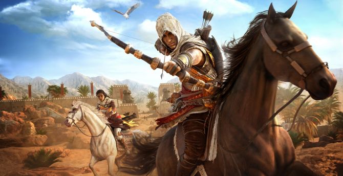Assassin's Creed Origins, horse riding, archer, video game wallpaper