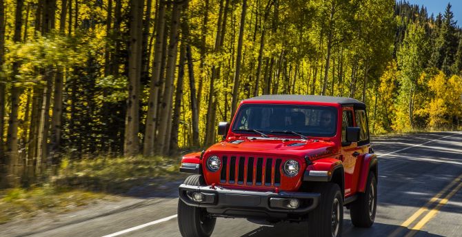 Red Jeep Wrangler, suv, on road wallpaper