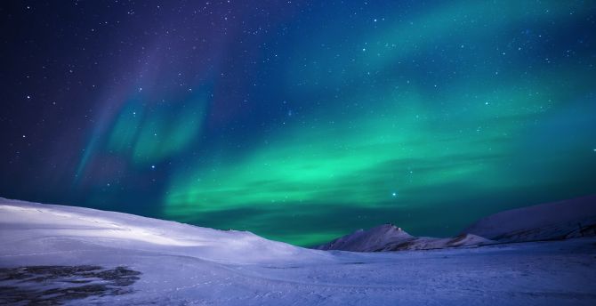 Aurora borealis, night, lights, landscape, sky wallpaper