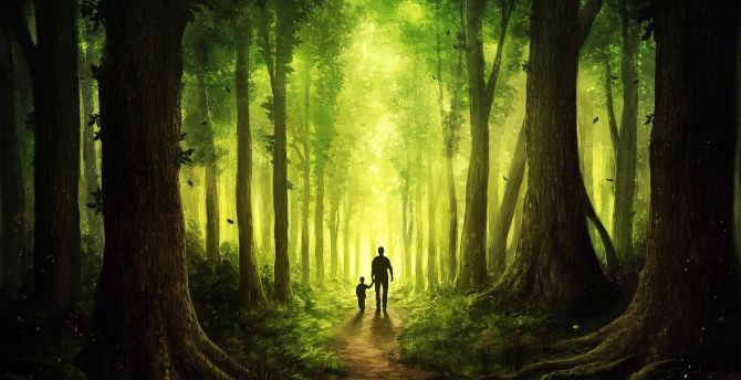 Kid and dad, pathway, forest, fantasy, art wallpaper