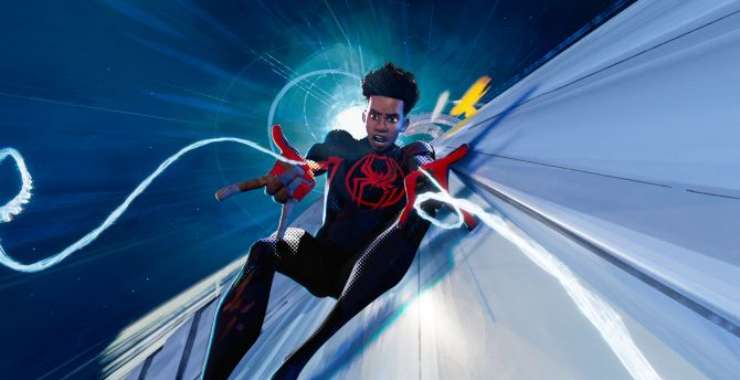 Miles Morales across the spider-verse, falling from building, movie wallpaper