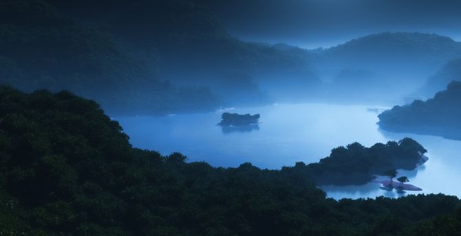 Moonlight, forest, hills, lake, fog wallpaper