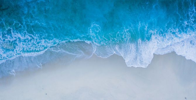 Beach, sea shore, blue water, sea waves, aerial view wallpaper