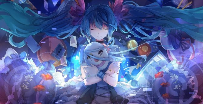 Hatsune miku and mask, anime girl, hug wallpaper