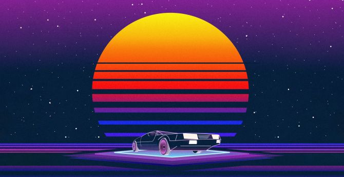 Retrowave, moon and car, art wallpaper