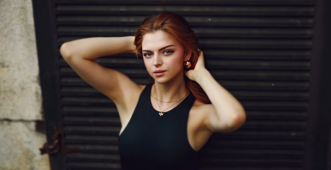 Cute redhead girl, adjusting her hair, pretty girl wallpaper