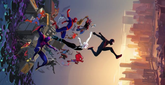 Swinging through a multi-versal portal, spider-men, movie wallpaper