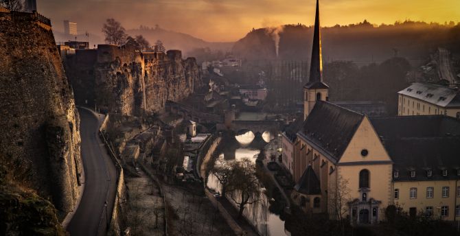 Luxembourg city, sunset, cityscape, buildings, church wallpaper