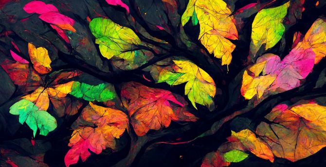 Abstract art, colorful leaves wallpaper