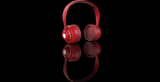 Red, headphone, music, reflections, minimal wallpaper