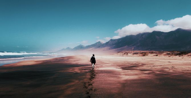 Walk alone, footprints, beach, mountains, coast, exploration wallpaper