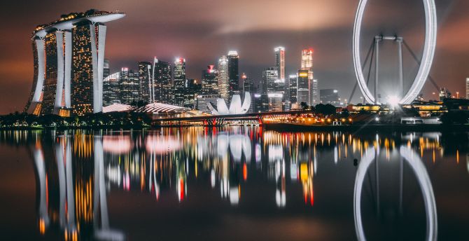 Singapore, city, skyscrapers, buildings, night, city, lights, reflections wallpaper