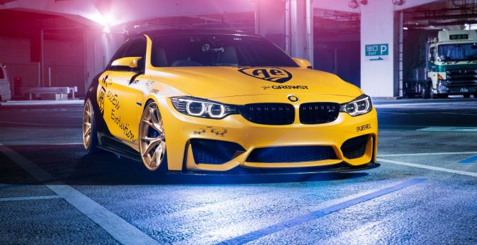 BMW M4, automotive design, yellow wallpaper