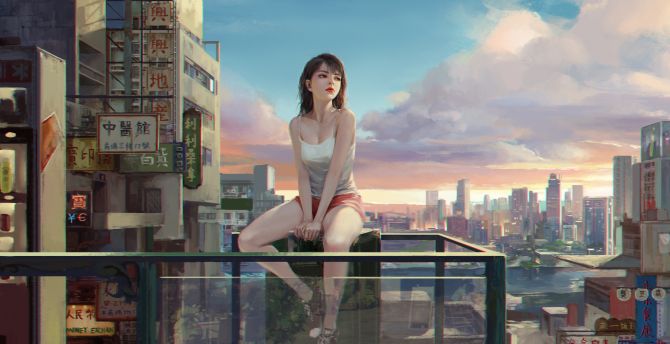 Urban town, girl relaxed in balcony, art wallpaper