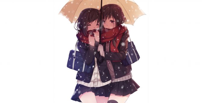 Anime girls, snowfall, umbrella, original wallpaper