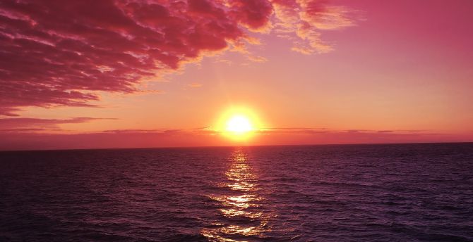 Sunrises, red-pink sky, sea, nature wallpaper