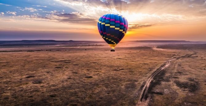 Hot air balloon, sunset, landscape wallpaper