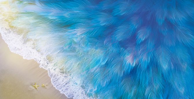 Frozen Beach, feathers pattern, Vivo X27 Stock, blue sea wallpaper