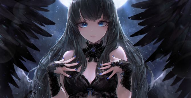 Black Angel, cute, anime girl, art wallpaper