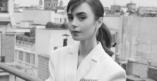 BW, Lily Collins, gorgeous and pretty actress, 2023 wallpaper