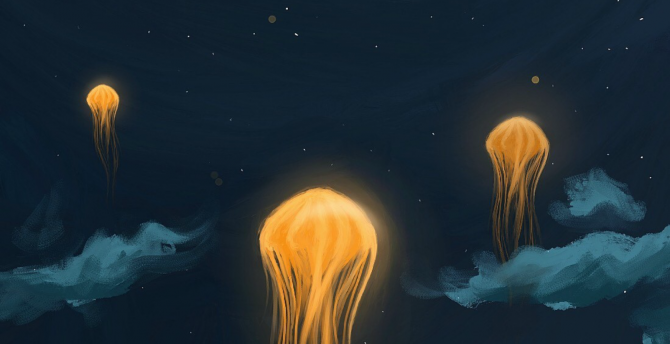 Jellyfish, lanterns, flight, clouds, night wallpaper
